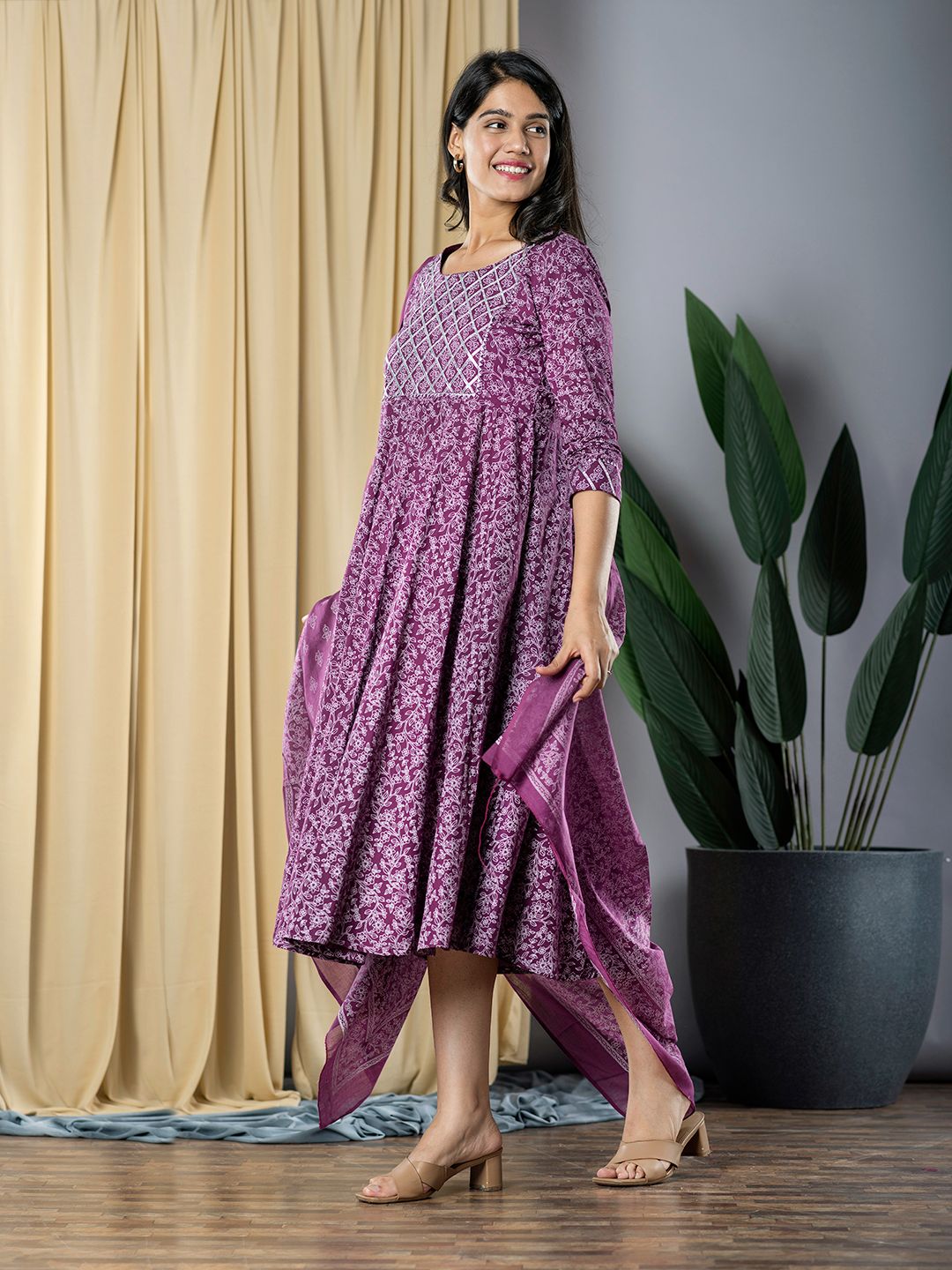 Purple fit & flare Dress And Dupatta