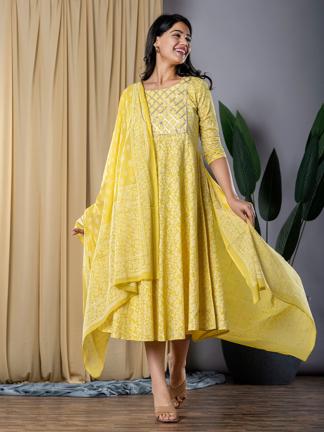 Yellow fit & flare Dress And Dupatta