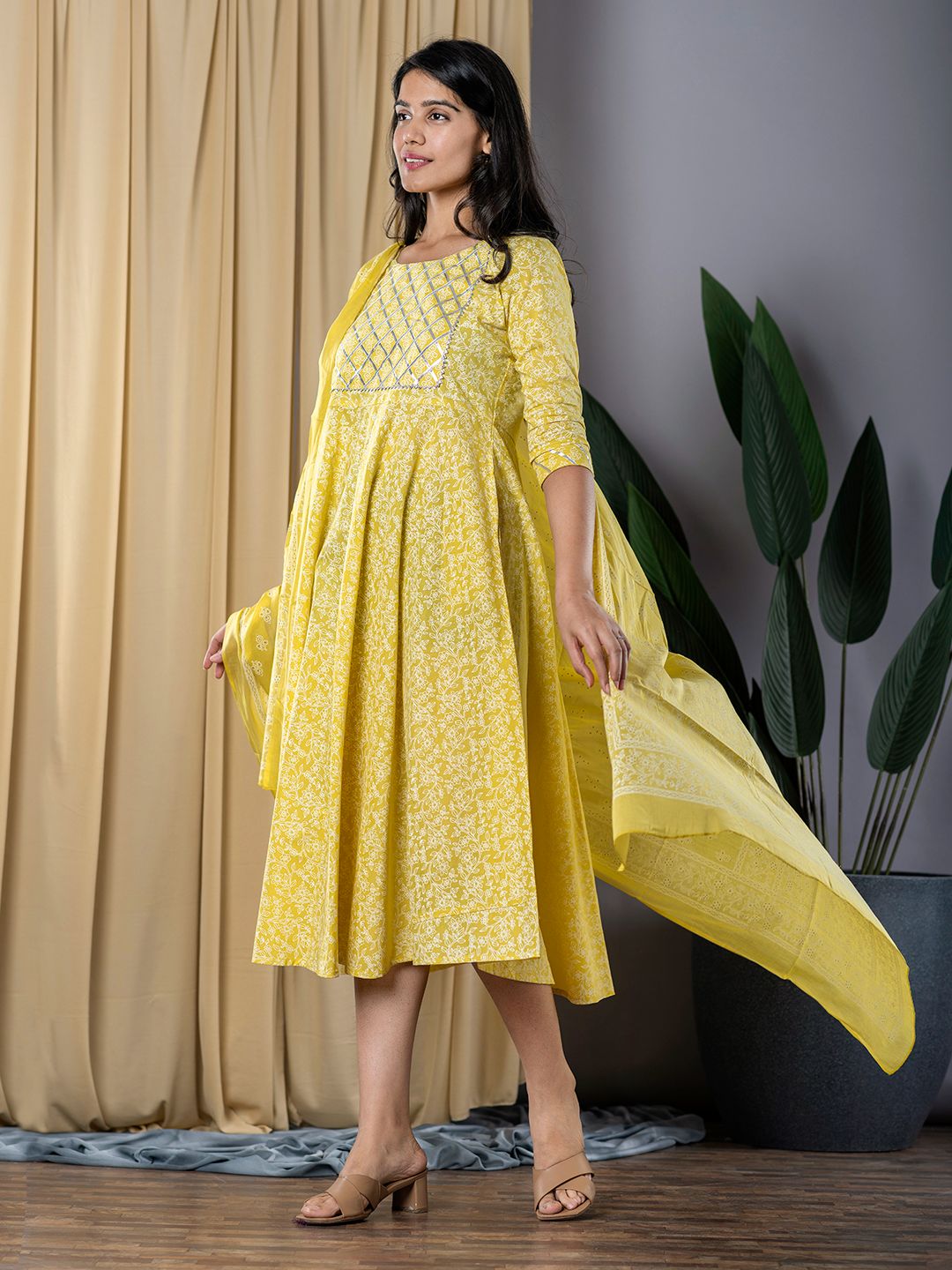 Yellow fit & flare Dress And Dupatta