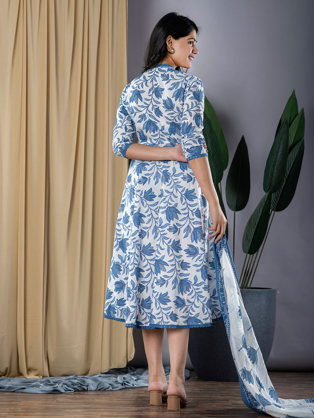 Blue Lace Work fit & flare Dress And Dupatta