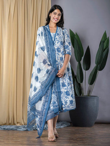 Blue Lace Work fit & flare Dress And Dupatta