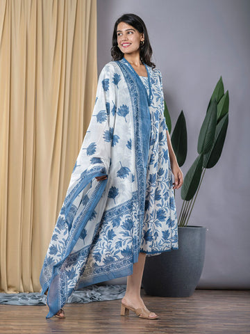 Blue Lace Work fit & flare Dress And Dupatta