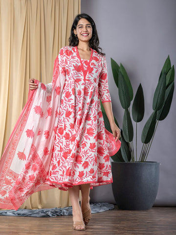 Red Lace Work fit & flare Dress And Dupatta