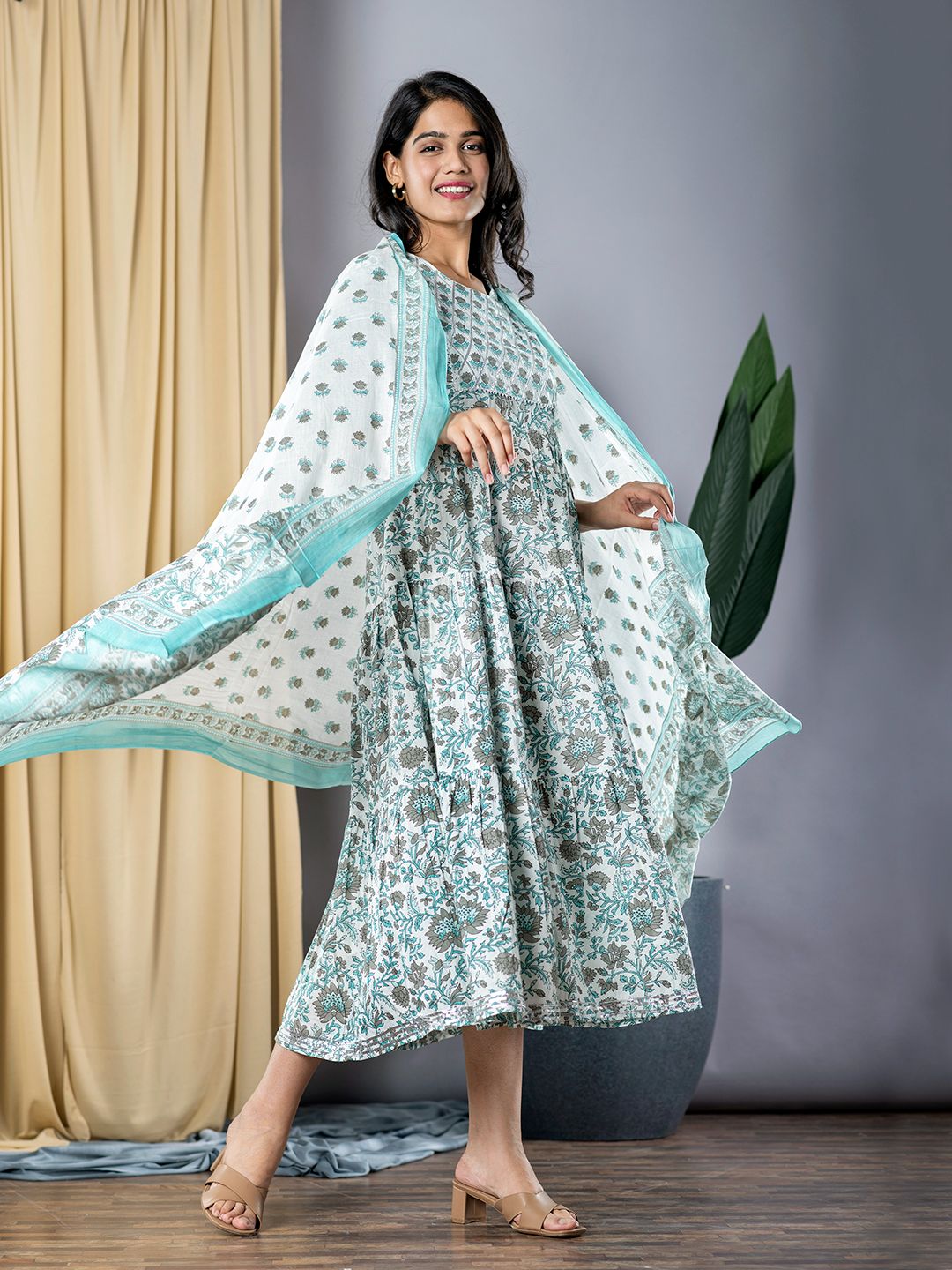 Grey And Turquoise fit & flare Dress And Dupatta