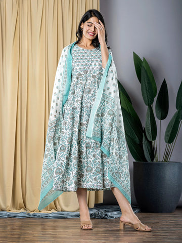 Grey And Turquoise fit & flare Dress And Dupatta