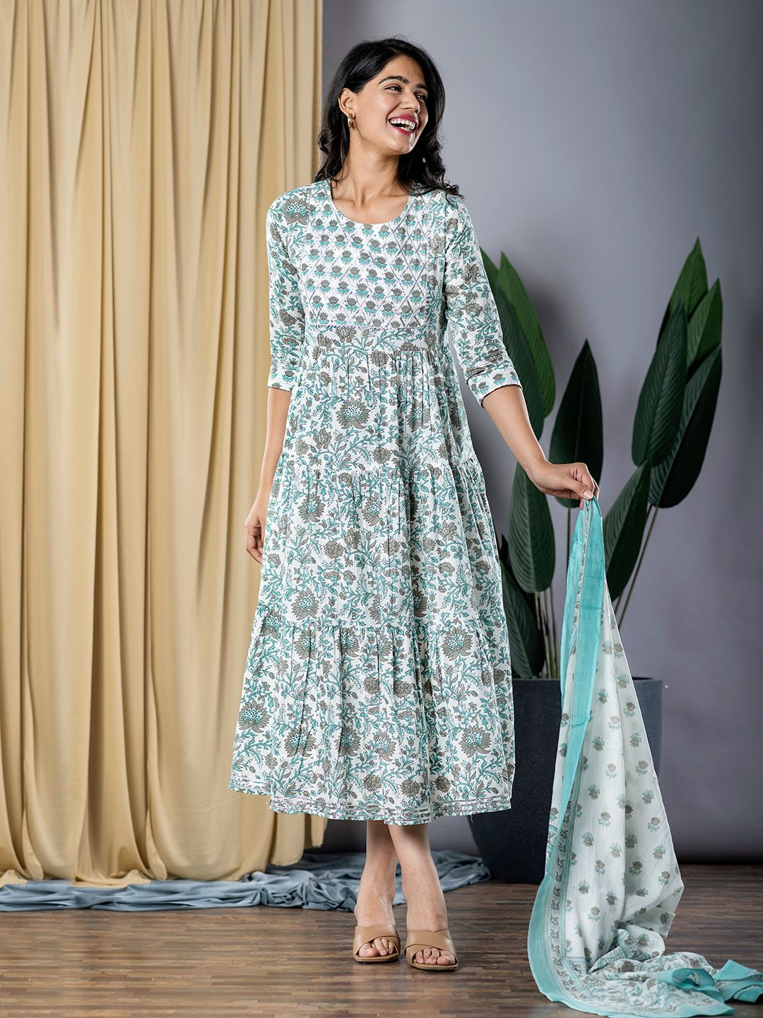 Grey And Turquoise fit & flare Dress And Dupatta