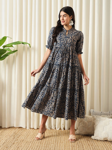 Jaitpuriya Women Blue A-Line Pure Cotton Dress