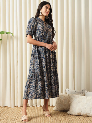 Jaitpuriya Women Blue A-Line Pure Cotton Dress