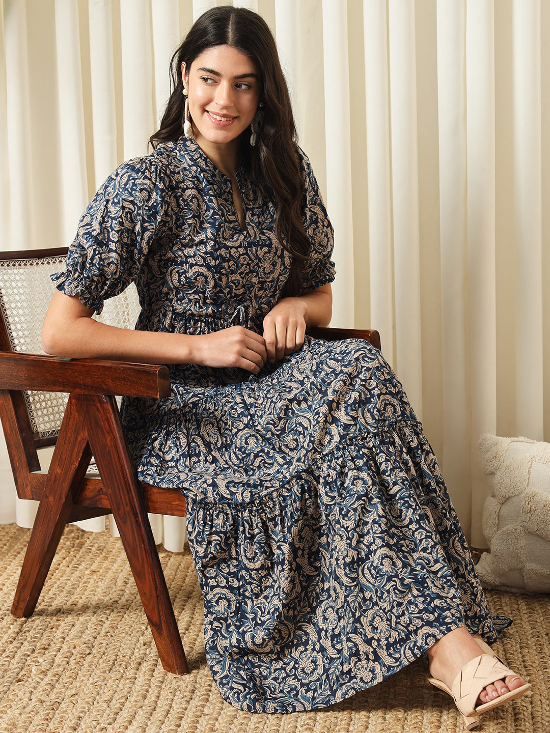 Jaitpuriya Women Blue A-Line Pure Cotton Dress