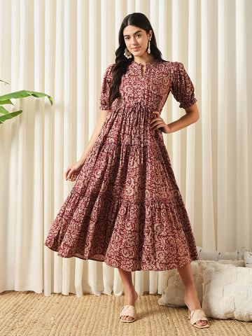 Jaitpuriya Women Maroon A-Line Pure Cotton Dress