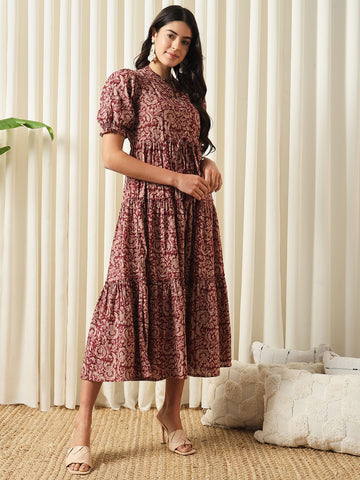 Jaitpuriya Women Maroon A-Line Pure Cotton Dress