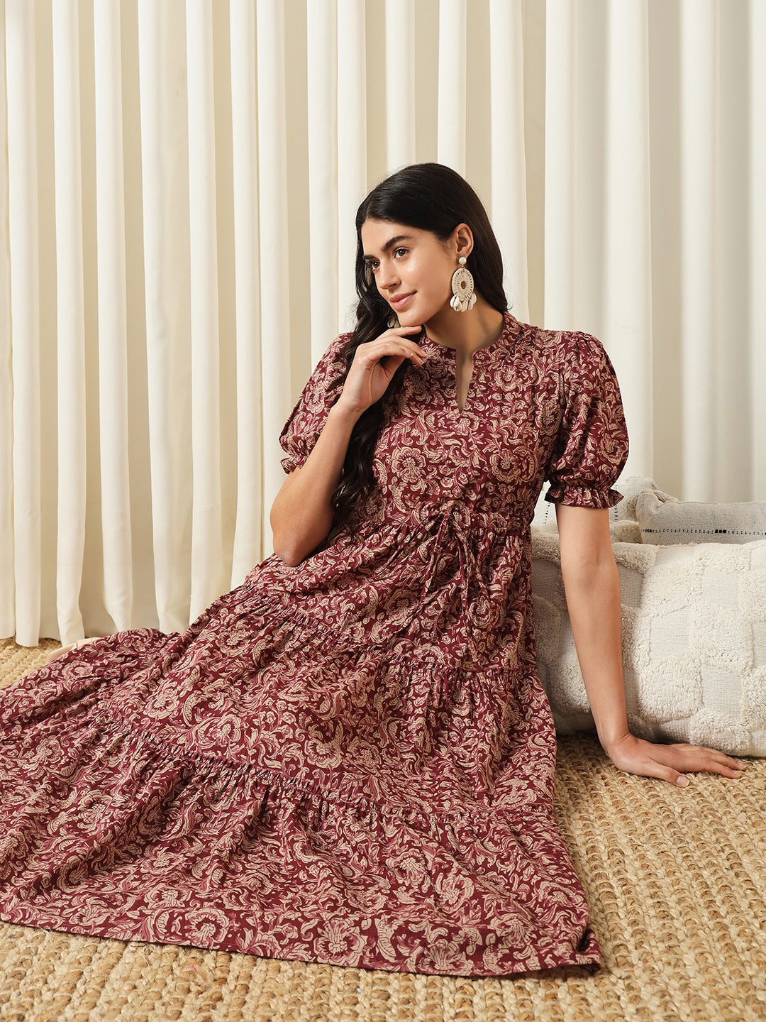 Jaitpuriya Women Maroon A-Line Pure Cotton Dress