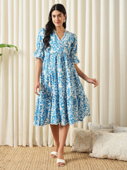 Jaitpuriya Women Turquoise blue Wrap Pure Cotton Dress