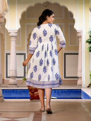 Jaitpuriya Women Blue And White Floral Print A-Line Dresses