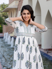 Jaitpuriya Women Gree And White Floral Print A-Line Dresses