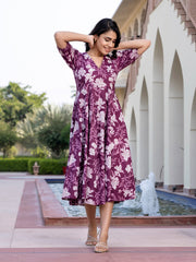 Jaitpuriya Women Purple Floral Print fit & flare Dresses