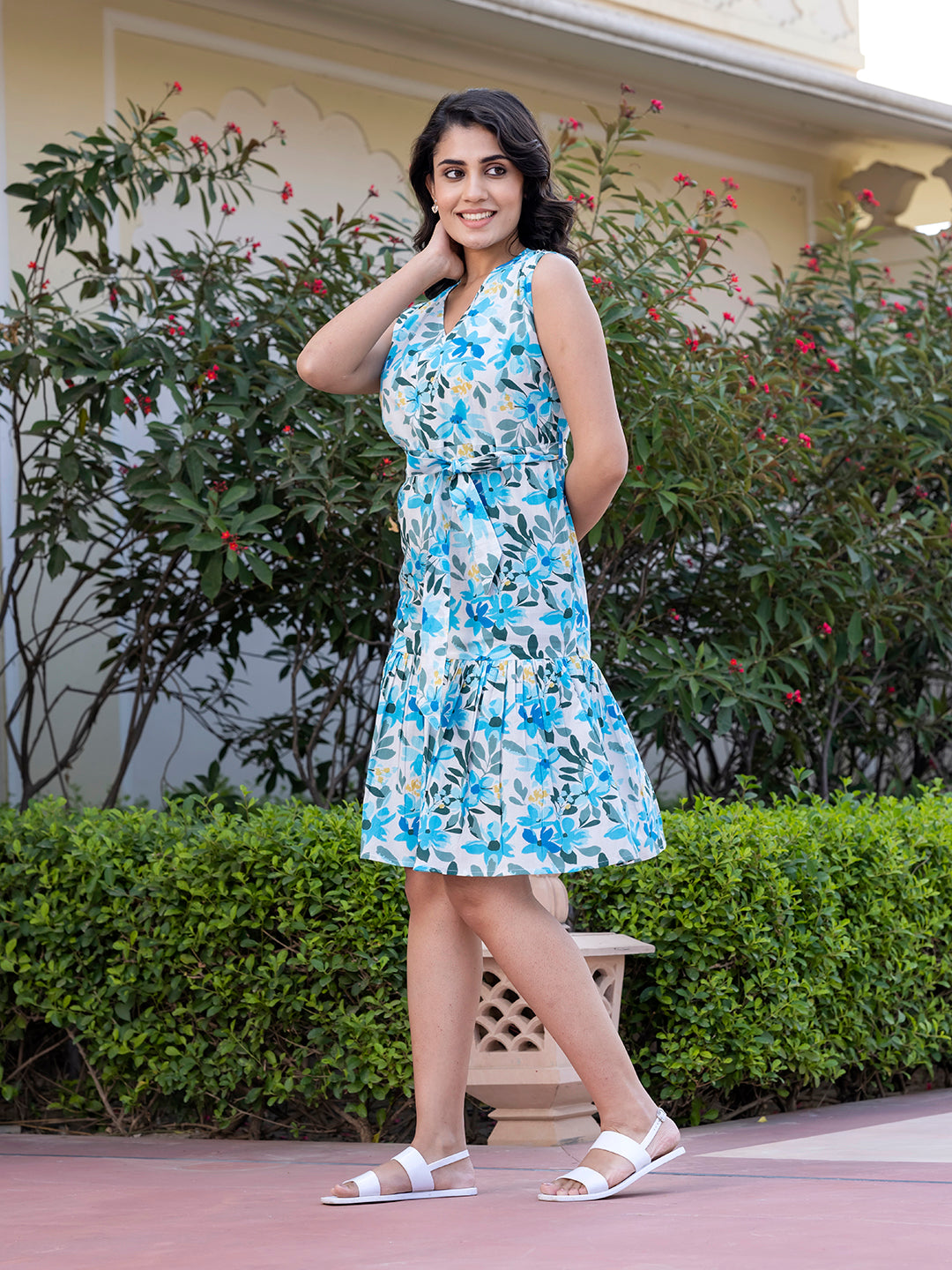 Jaitpuriya Women Blue Gathered or Pleated fit & flare Dresses