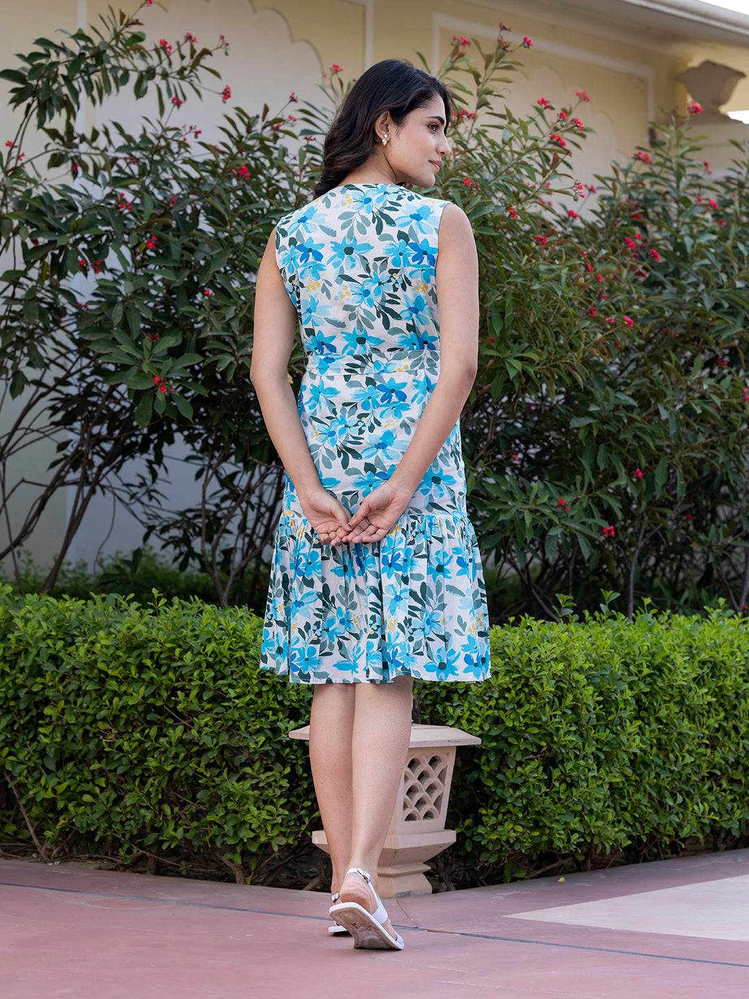 Jaitpuriya Women Blue Gathered or Pleated fit & flare Dresses