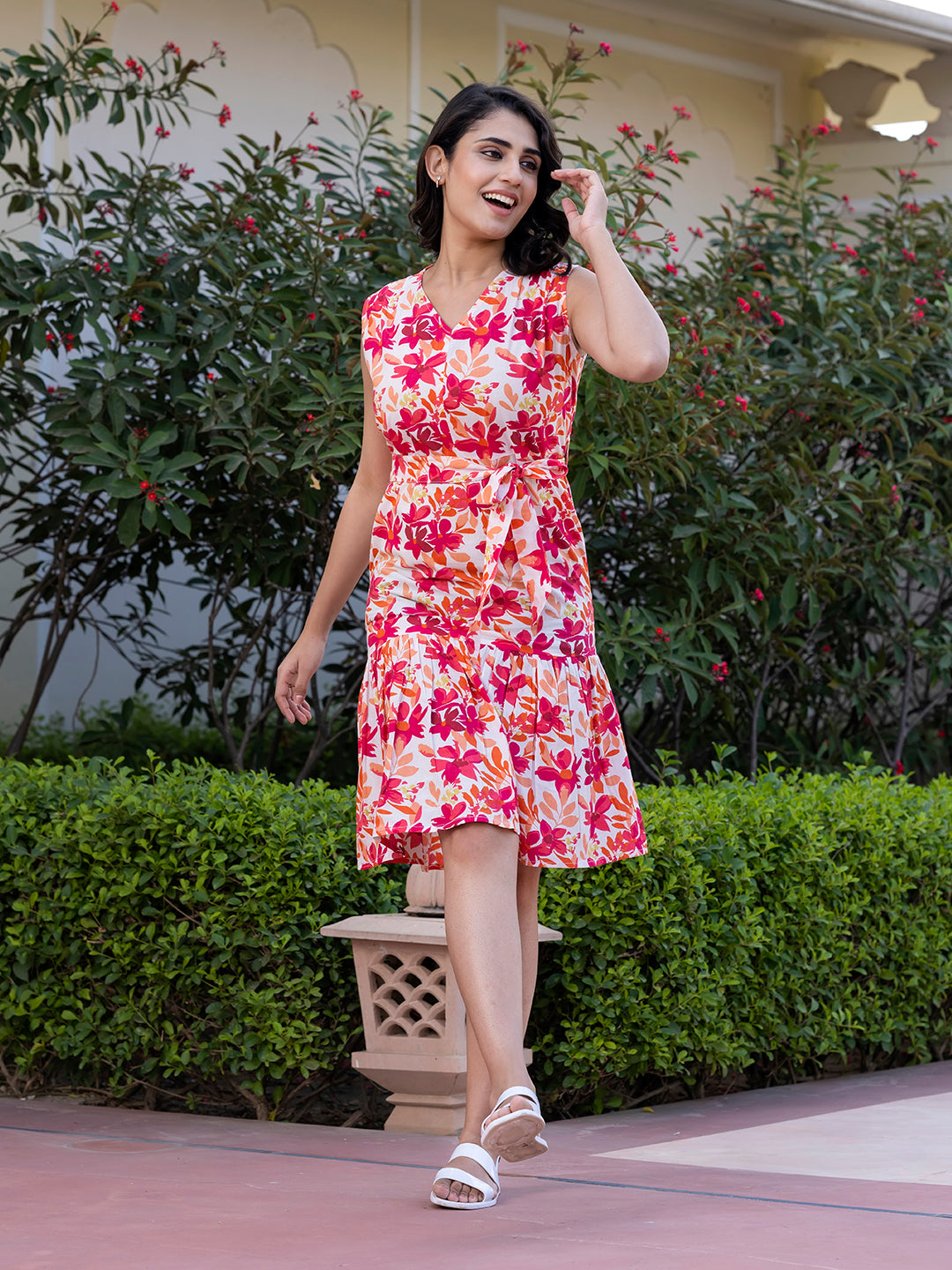 Jaitpuriya Women Orange Gathered or Pleated fit & flare Dresses