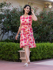 Jaitpuriya Women Orange Gathered or Pleated fit & flare Dresses