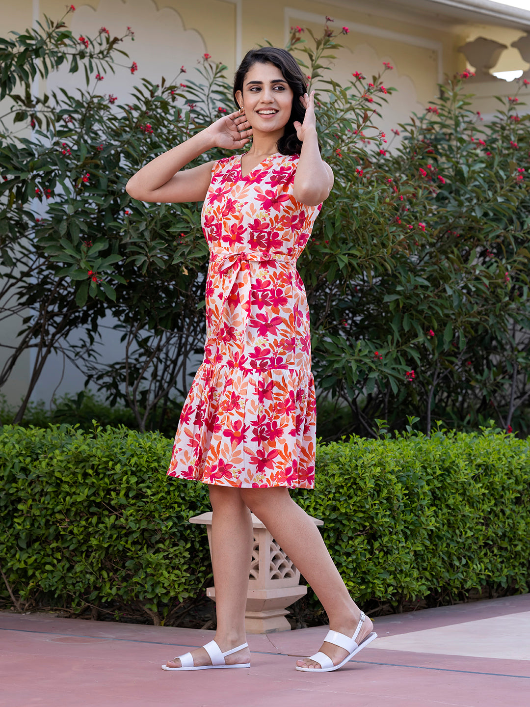 Jaitpuriya Women Orange Gathered or Pleated fit & flare Dresses