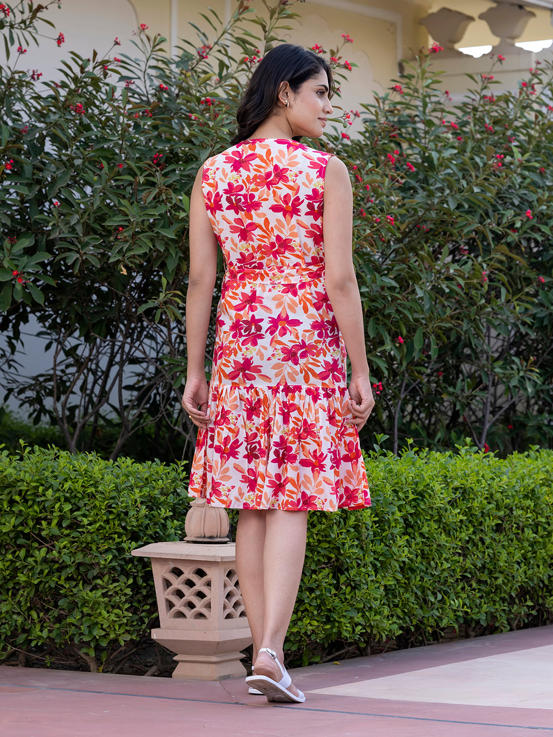 Jaitpuriya Women Orange Gathered or Pleated fit & flare Dresses