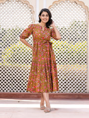 Jaitpuriya Women Brown Gathered or Pleated Maxi Dresses