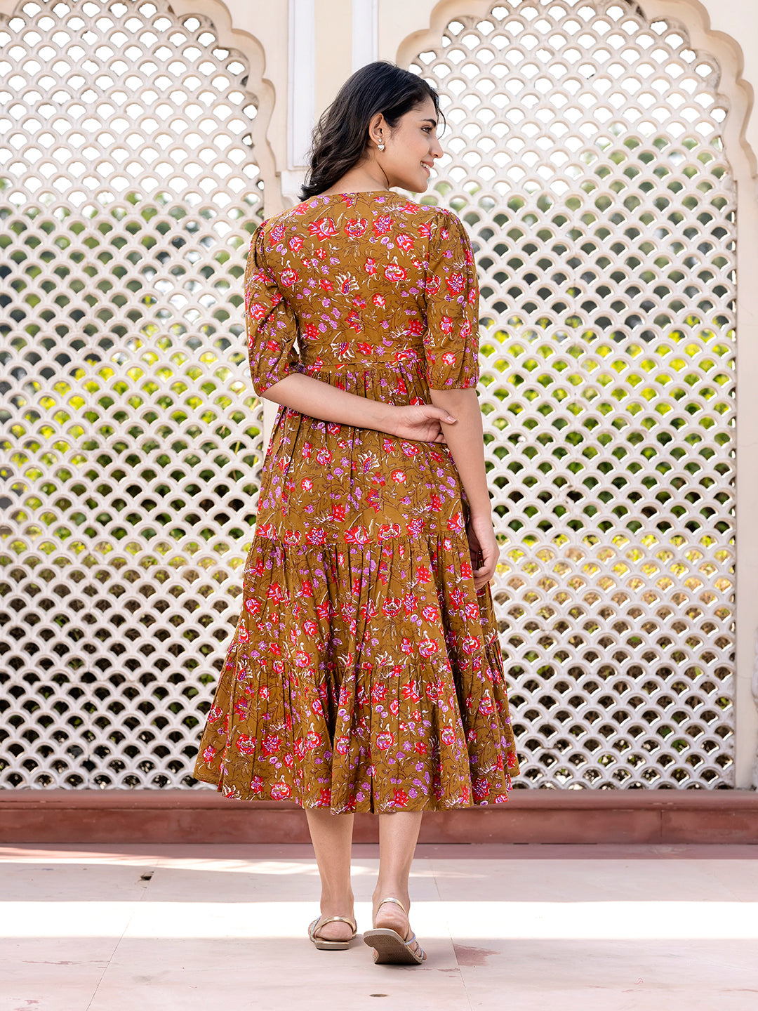 Jaitpuriya Women Brown Gathered or Pleated Maxi Dresses