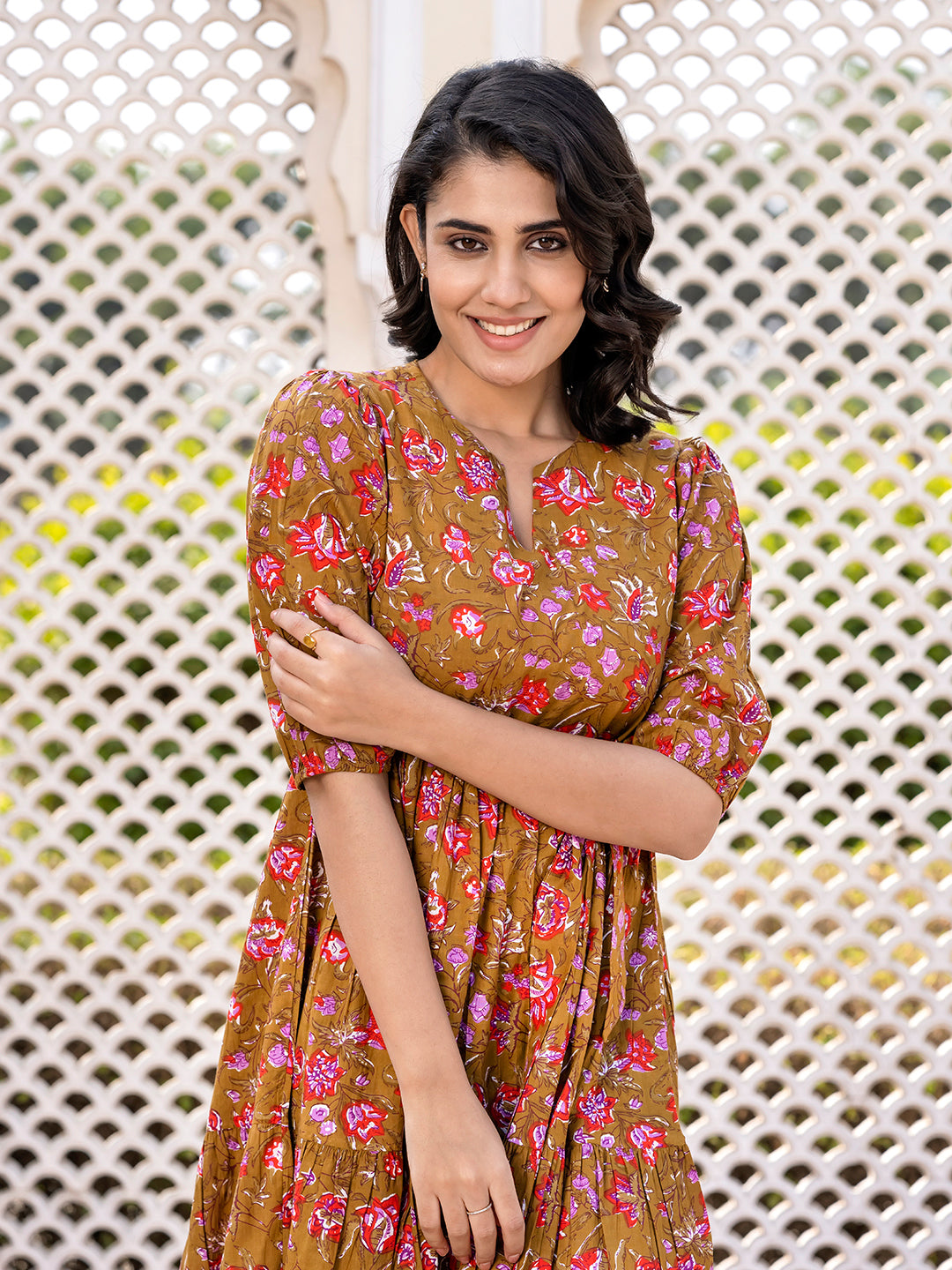 Jaitpuriya Women Brown Gathered or Pleated Maxi Dresses