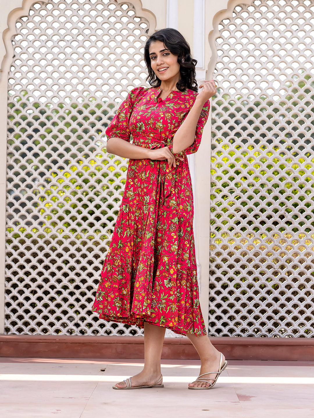 Jaitpuriya Women Pink Gathered or Pleated Maxi Dresses