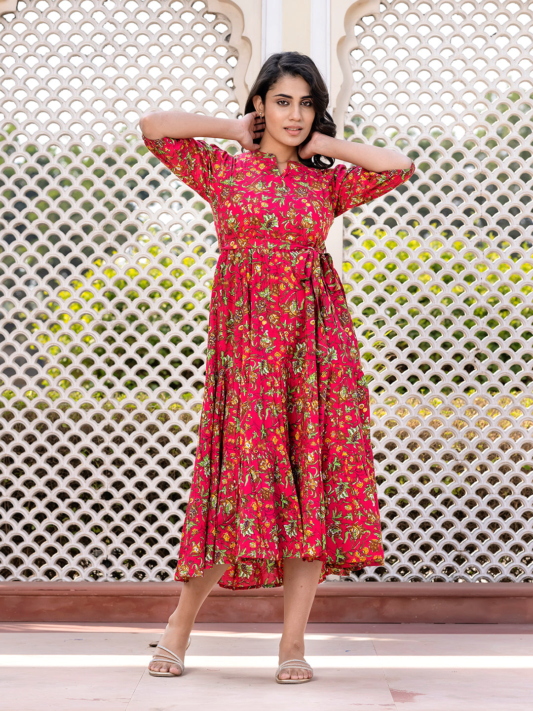 Jaitpuriya Women Pink Gathered or Pleated Maxi Dresses