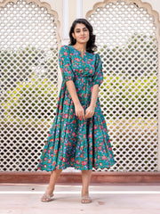 Jaitpuriya Women Turquoise Gathered or Pleated Maxi Dresses
