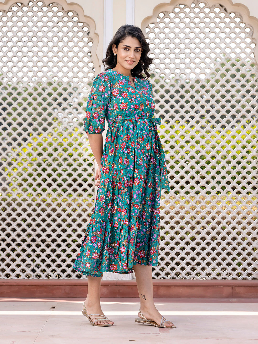Jaitpuriya Women Turquoise Gathered or Pleated Maxi Dresses