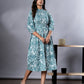 Jaitpuriya Women Turquoise And White Paisley Print fit & flare Dresses