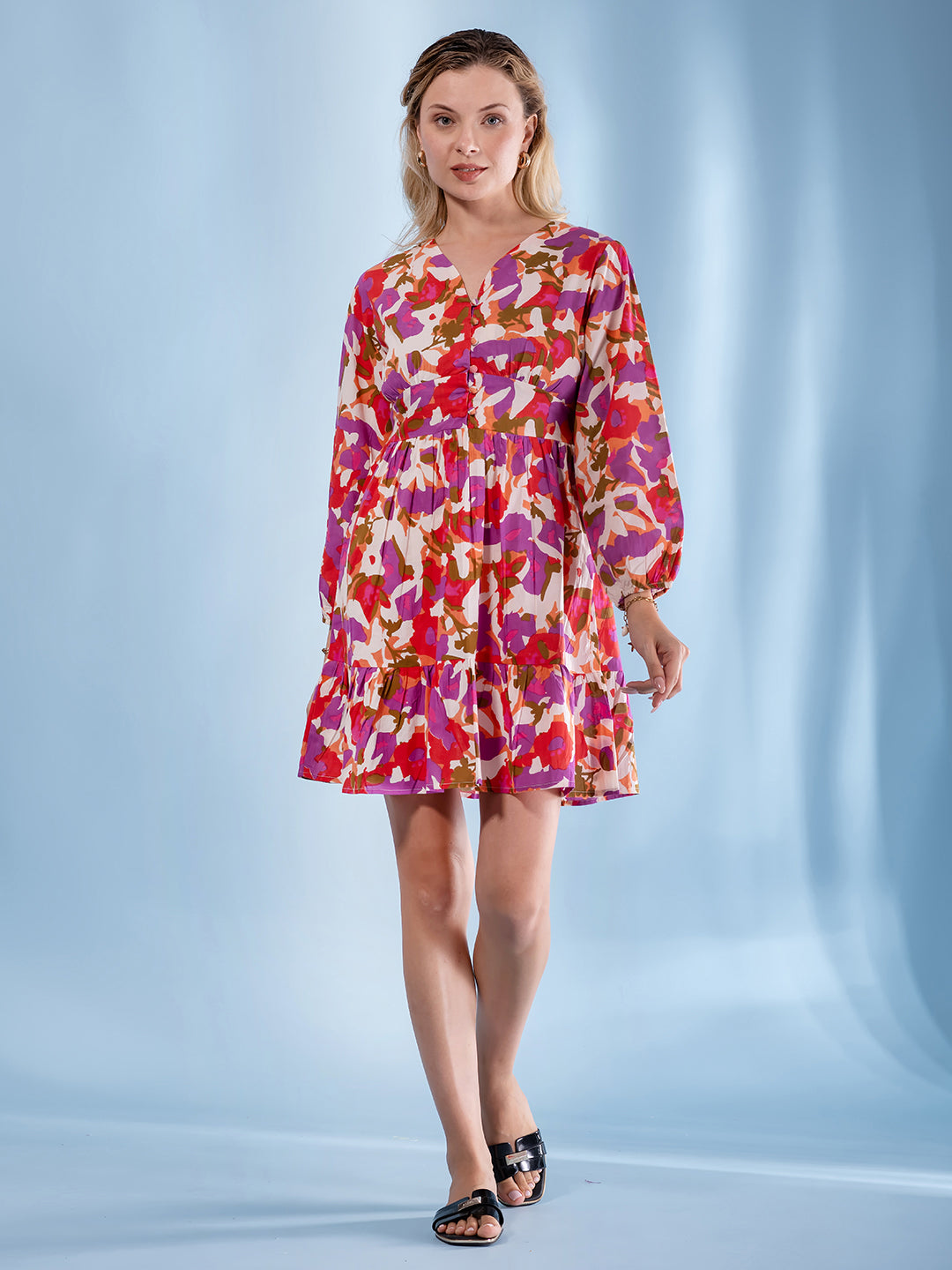 Jaitpuriya Women Yellow and Green Floral Print Fit and Flare Dress