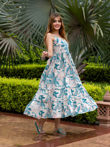 Jaitpuriya Women Teal Green And Cream Pure Cotton fit & flare Dresses