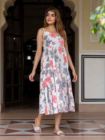 Jaitpuriya Women Pink And White Pure Cotton fit & flare Dresses