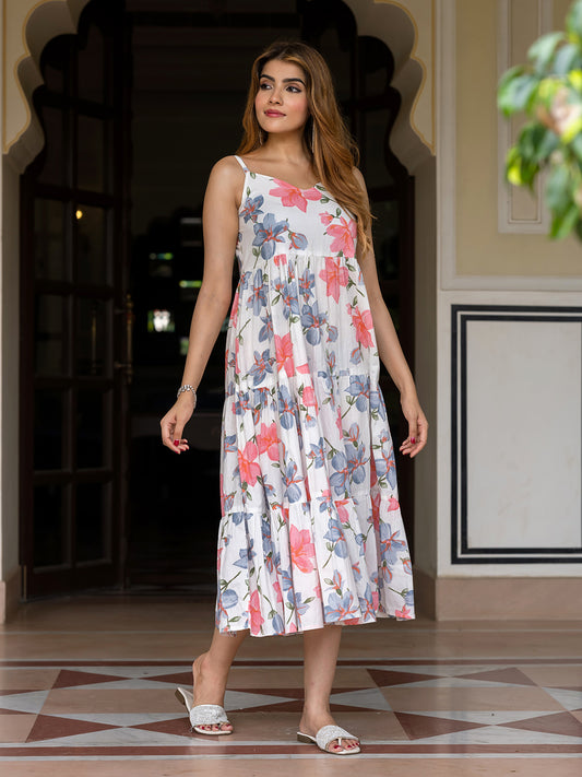 Jaitpuriya Women Pink And White Pure Cotton fit & flare Dresses