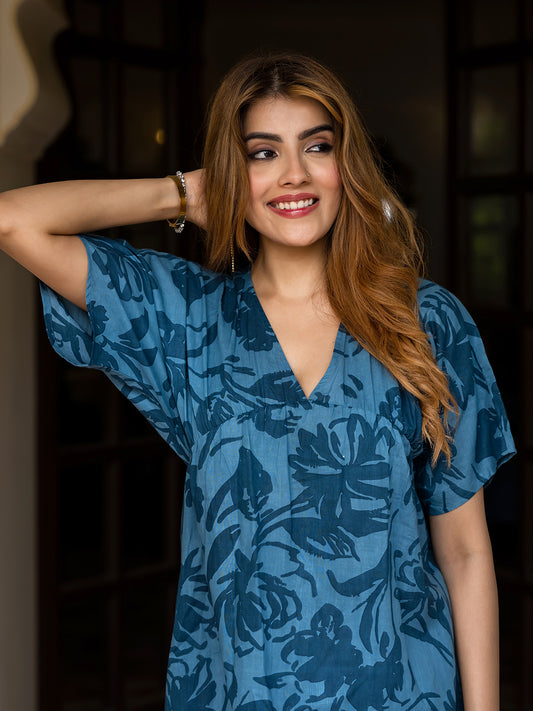 Jaitpuriya Women Teal Blue Pure Cotton fit & flare Dresses