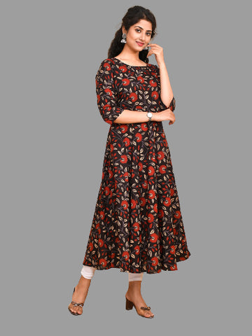 Black Floral Print Anarkali Kurta