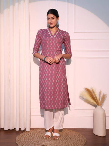 Mauve Ethnic Motifs Printed Pure Cotton Straight Kurta