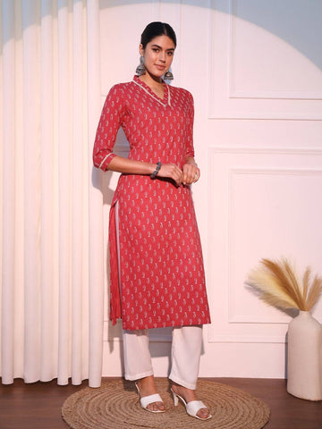 Pink Ethnic Motifs Printed Pure Cotton Straight Kurta