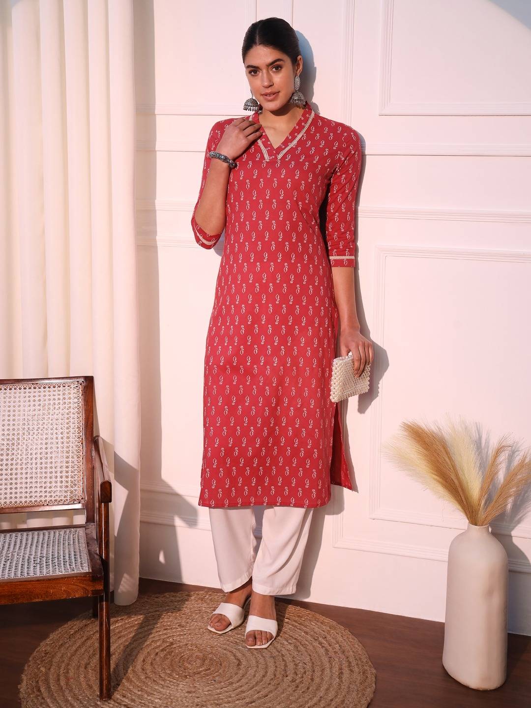 Pink Ethnic Motifs Printed Pure Cotton Straight Kurta