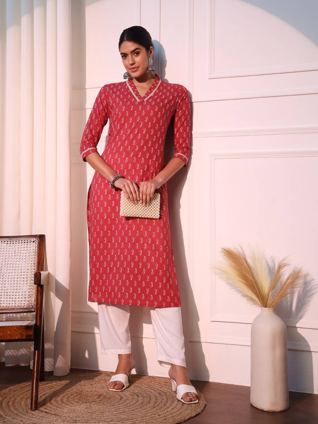 Pink Ethnic Motifs Printed Pure Cotton Straight Kurta