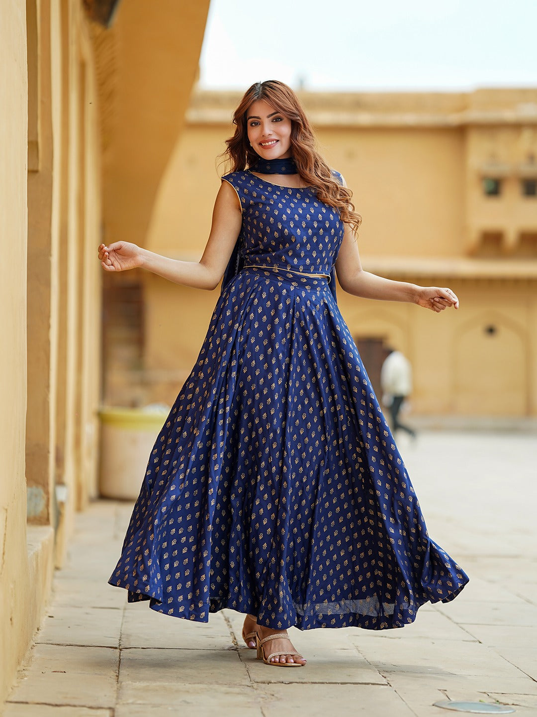 Jaitpuriya Blue Gold Print Lehenga Choli With Dupatta