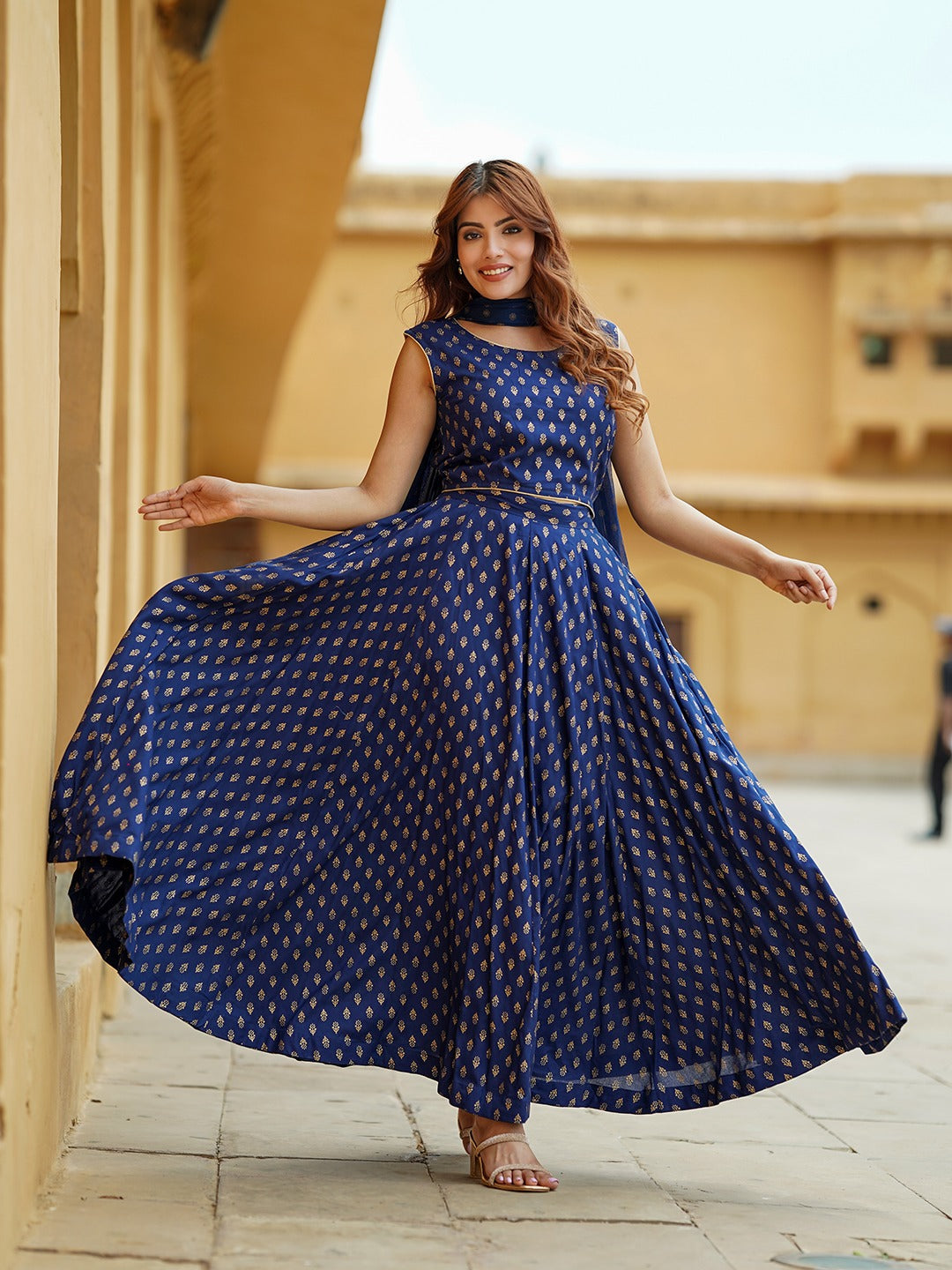 Jaitpuriya Blue Gold Print Lehenga Choli With Dupatta