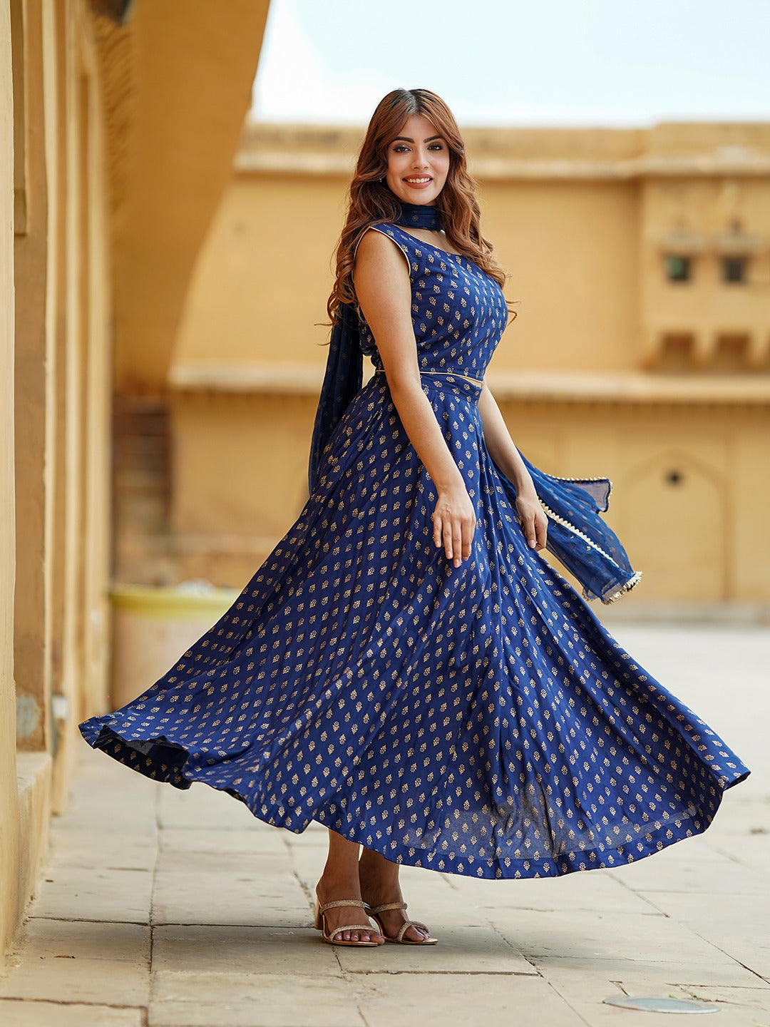 Jaitpuriya Blue Gold Print Lehenga Choli With Dupatta