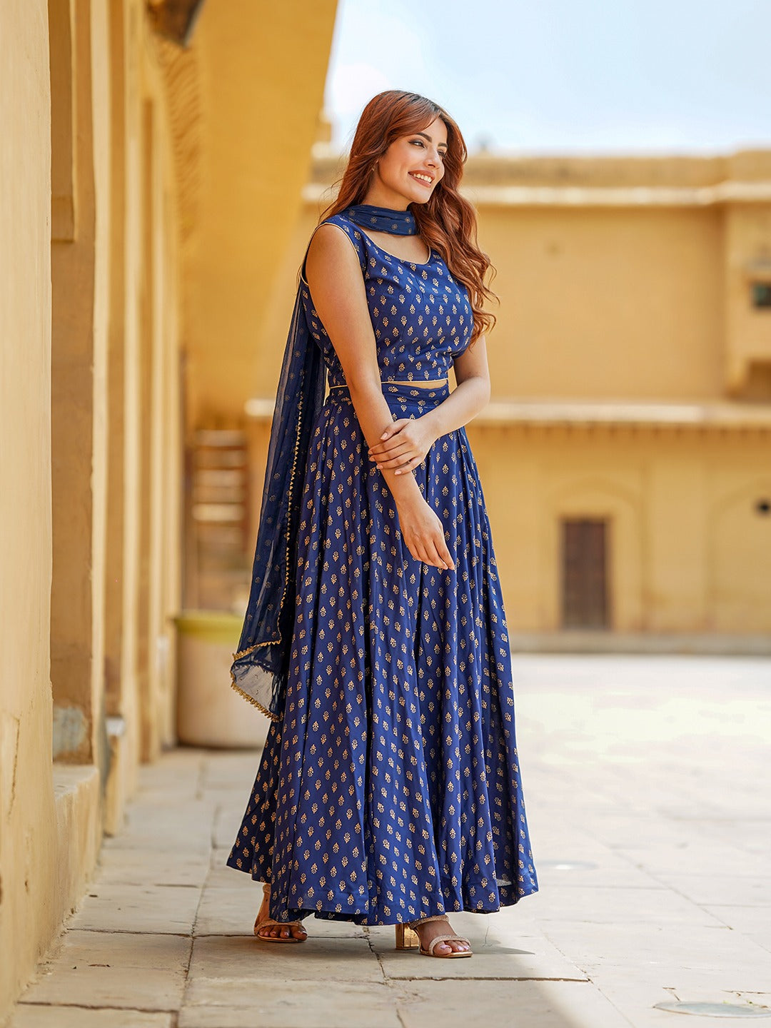 Jaitpuriya Blue Gold Print Lehenga Choli With Dupatta
