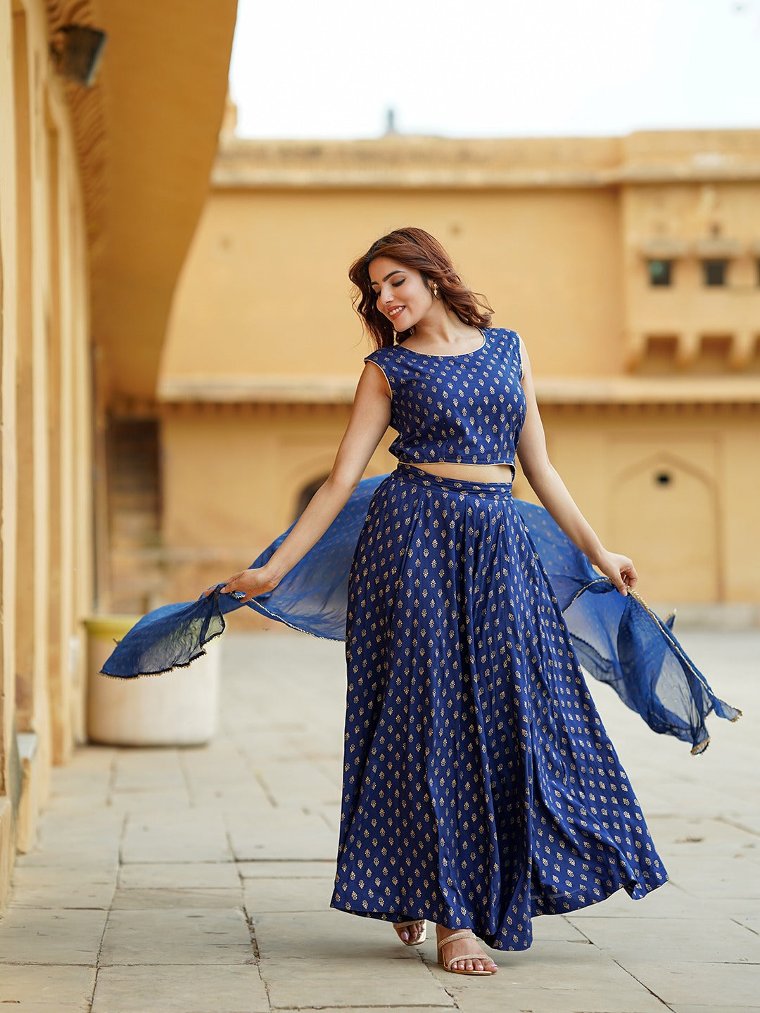 Jaitpuriya Blue Gold Print Lehenga Choli With Dupatta