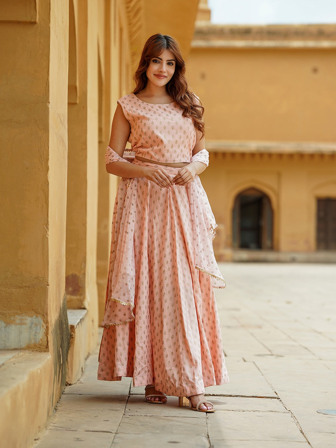 Jaitpuriya Cream Gold Print Lehenga Choli With Dupatta